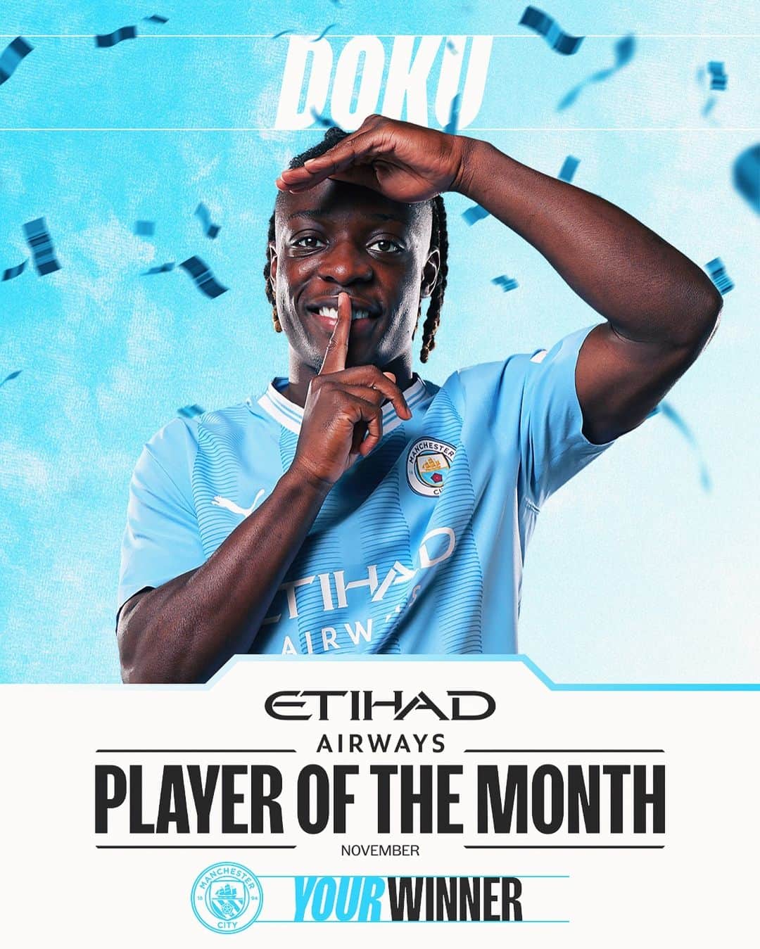 マンチェスター・シティFCのインスタグラム：「The results are in! 🗳️ You voted @jeremydoku as your @etihad Player of the Month for November 🤩   Head to the link in our bio for your chance to win his signed shirt 👕」