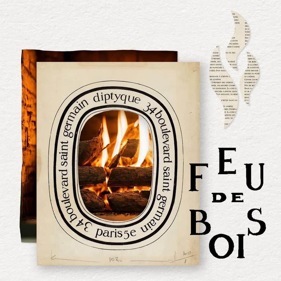 ディプティックのインスタグラム：「While nature slumbers… …a fire blazes in the hearth. Winter's chill has settled in. The dense, smoky scent of logs being consumed surrounds the Feu de Bois (Wood Fire) candle. #CandleOfTheMonth #Candles #FeudeBois #DiptyqueParis」
