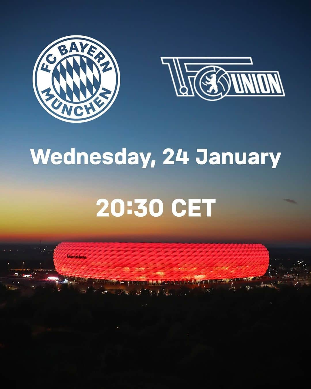 バイエルン・ミュンヘンのインスタグラム：「ℹ️ Rearranged game: #FCBayern to face Union Berlin on 24 January! #FCBFCU   FC Bayern’s postponed #Bundesliga home game against Union Berlin has been rearranged for Wednesday, 24 January 2024 at 20:30 CET at the Allianz Arena. The Matchday 13 fixture was originally for last Saturday but had to be postponed due to safety risks and the travel conditions following heavy snowfall in Munich.  Tickets for Saturday remain valid for the rearranged fixture. FC Bayern will inform all ticket holders who cannot attend on the new date about refunds in due course.」