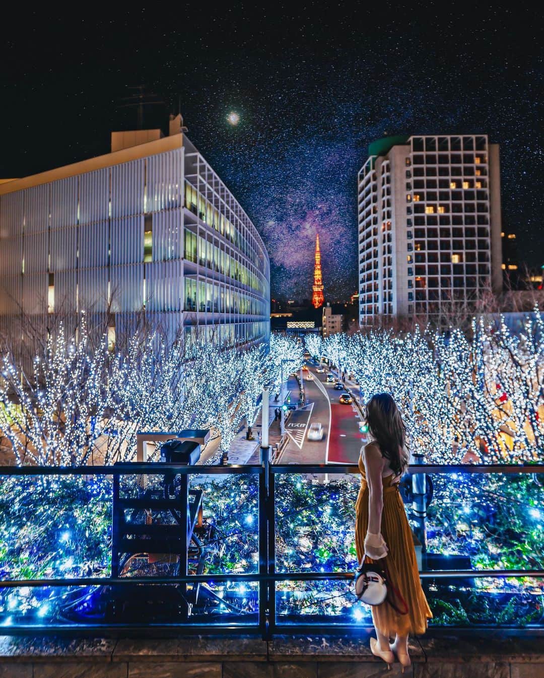 Stella Leeのインスタグラム：「One of my favorite winter illuminations in Tokyo is Keyakizaka Roppongi where you can see a white-blue lights on the street with bright red Tokyo Tower from a far 🗼  The photos were taken on 3 different years, but it all has the same view. It’s always good to be visiting a place that never changes 🫶🏻」