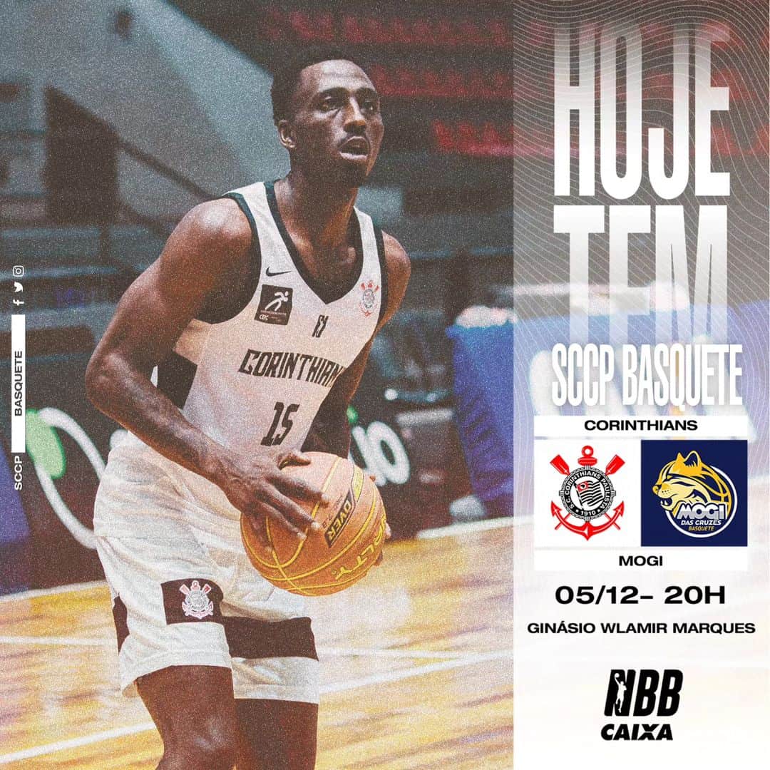コリンチャンスのインスタグラム：「Hoje tem Timão em quadra em mais uma rodada do NBB! 🏴🏳️  🏀 Corinthians x Mogi 🏆 NBB (8ª rodada) ⏰ 20h (horário de Brasília) 🏟 Ginásio Wlamir Marques 🎟 link nos stories!  #CorinthiansBasquete #VaiCorinthians」