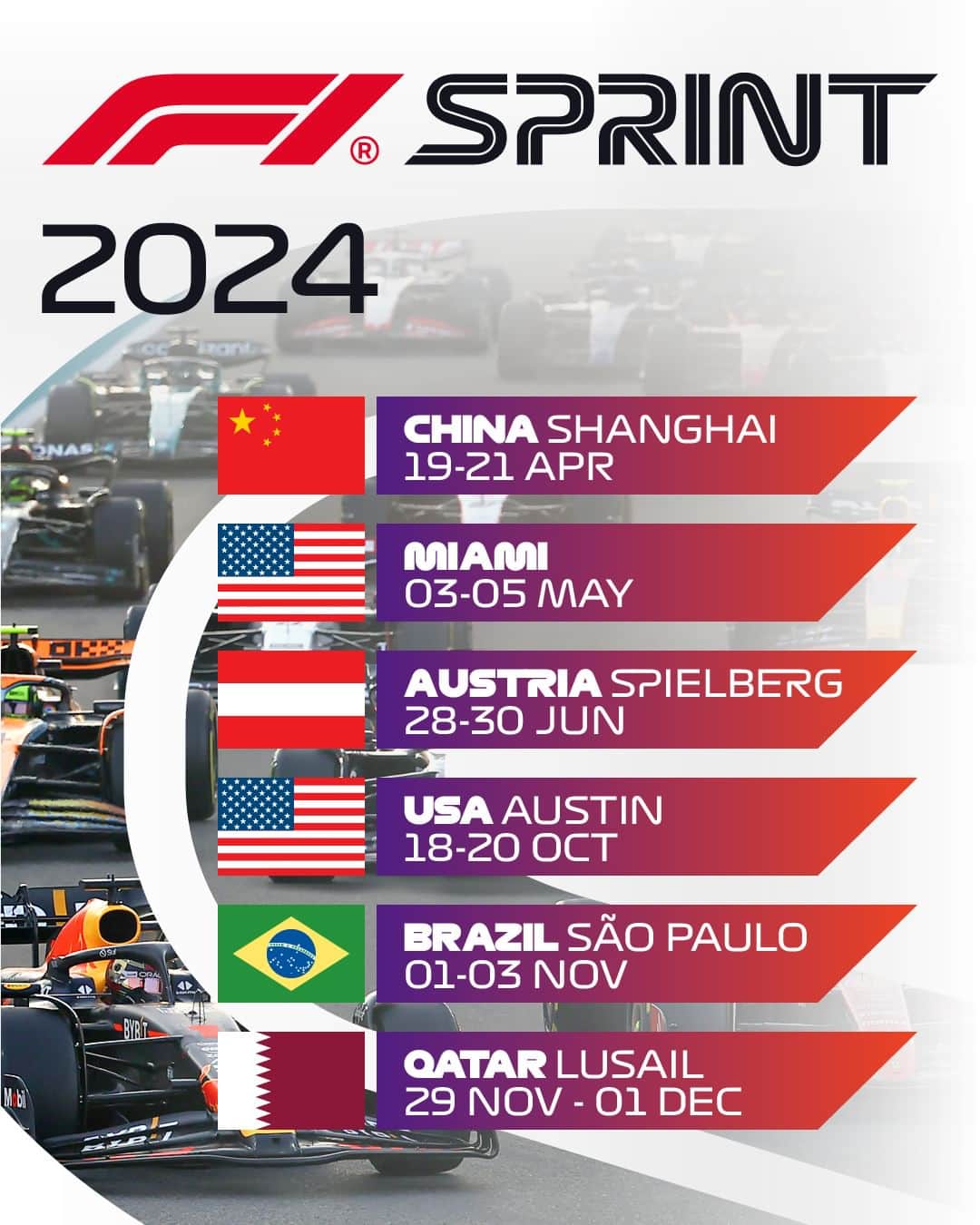 F1のインスタグラム：「Introducing the 2024 #F1Sprint Calendar! 👊   Six venues will host F1 Sprint events during the 2024 FIA Formula 1 World Championship season   #F1 #Formula1」