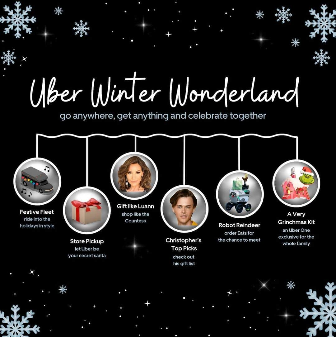 Uberのインスタグラム：「❄️ ❄️  It’s the most wonderful time of the year !  ❄️ ❄️   From ​our Festive Fleet ​of karaoke coaches to​ our exclusive Grinchmas Kit for Uber One members 💚, these holiday offerings are bookable in the Uber app throughout the month of December. Select cities.   Go anywhere, get anything and celebrate together.   Link in Bio for details on all our holiday offerings.」