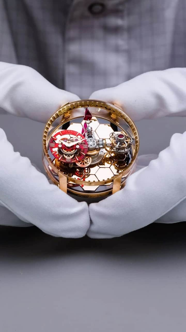 Daily Watchのインスタグラム：「Crafting the $600K @Jacobandco Astronomia Revolution. It has three arms that complete one clockwise revolution a minute. The base of the dial is formed of hexagon-shaped 18k red gold panels inspired by the gold-plated mirror in the James Webb Space Telescope #jacobandco」