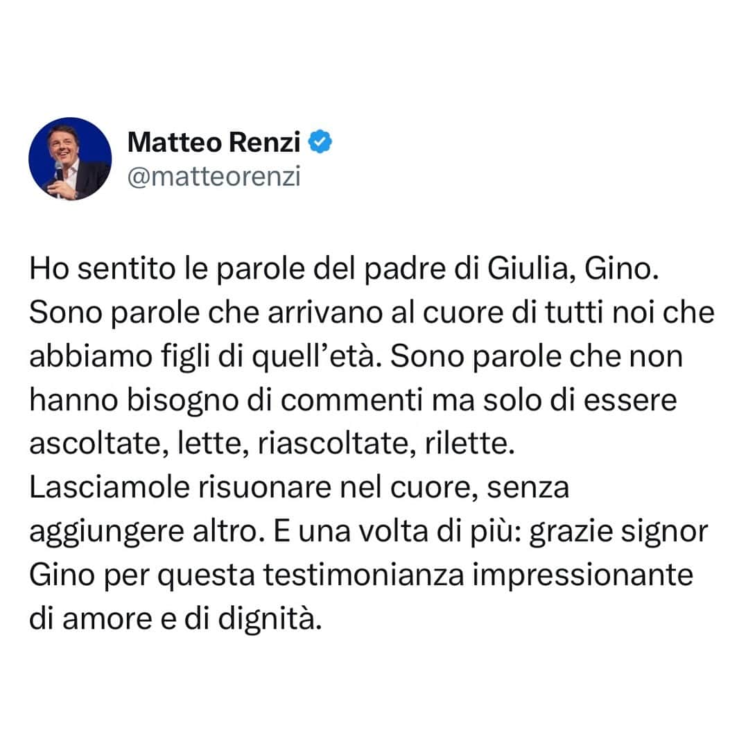 マッテオ・レンツィのインスタグラム：「Grazie signor Gino per questa testimonianza impressionante di amore e di dignità.」