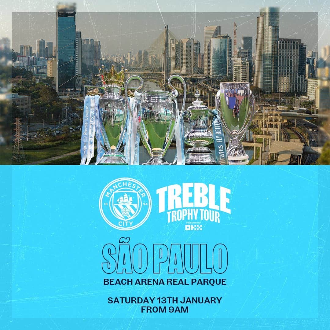 マンチェスター・シティFCのインスタグラム：「See you in Sao Paulo! 👋   Our latest stop on the Treble Trophy Tour takes us to Brazil 🇧🇷  Link in our bio 🔗」