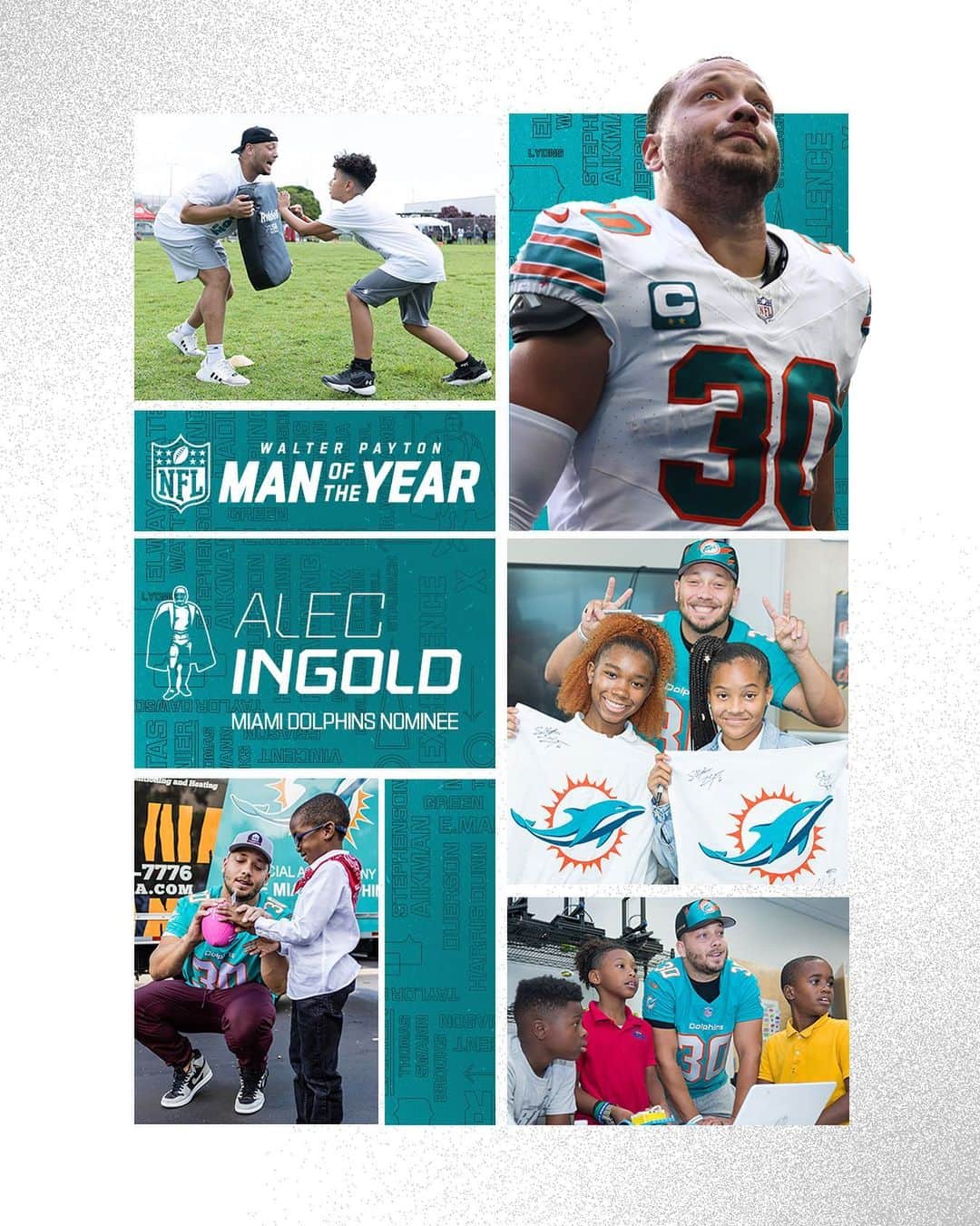 マイアミ・ドルフィンズのインスタグラム：「A leader on the field & in the community  We're proud to name Alec Ingold as our Walter Payton Man of the Year nominee. 👏  #WPMOYChallenge  | @ai_xlv」