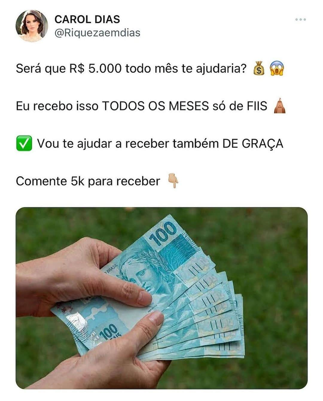 Carol Diasのインスタグラム：「Como ganhar 5k TODOS OS MESES! ✅   Sem fazer nada, só com renda passiva! Te ajudaria? 😱  💬 Então comente 5k que eu vou te enviar tudo no seu direct! 👇🏼」