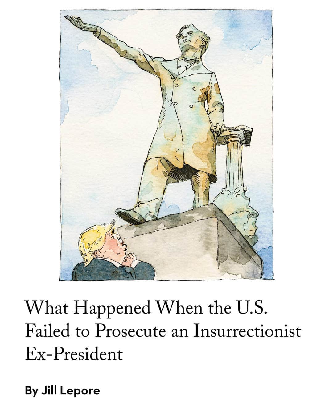 The New Yorkerのインスタグラム：「The Civil War cost 700,000 lives. And yet Jefferson Davis, the President of the Confederacy, was never held responsible for any of those deaths. The government’s effort to prosecute Davis for treason was derailed, and he eventually walked away a free man. There’s no real consensus about why the case fell apart, but the explanation that Davis’s lawyer Charles O’Conor liked best had to do with Section 3 of the Fourteenth Amendment, known as the disqualification clause, which bars from federal office anyone who has ever taken an oath to uphold the Constitution of the United States and later “engaged in insurrection or rebellion against the same, or given aid or comfort to the enemies thereof.” O’Conor argued that Section 3’s ban on holding office was a form of punishment and that to try Davis for treason would therefore amount to double jeopardy.  It’s a different kind of jeopardy lately. In the aftermath of the insurrection at the Capitol on January 6, 2021, legal scholars, including leading conservatives, have argued that Section 3 disqualifies Donald Trump from running for President. Challenges calling for Trump’s name to be blocked from ballots have been filed in 28 states. Eleven cases have been dismissed by courts or voluntarily withdrawn. The Supreme Court might have the final say.  “Sometimes it feels as if the century and a half separating the trial of Jefferson Davis from the trials of Donald Trump were as nothing,” Jill Lepore writes. At the link in our bio, learn about the history of Presidential impunity in the United States—and what it might portend for the federal charges against Trump. Illustration by Barry Blitt.」
