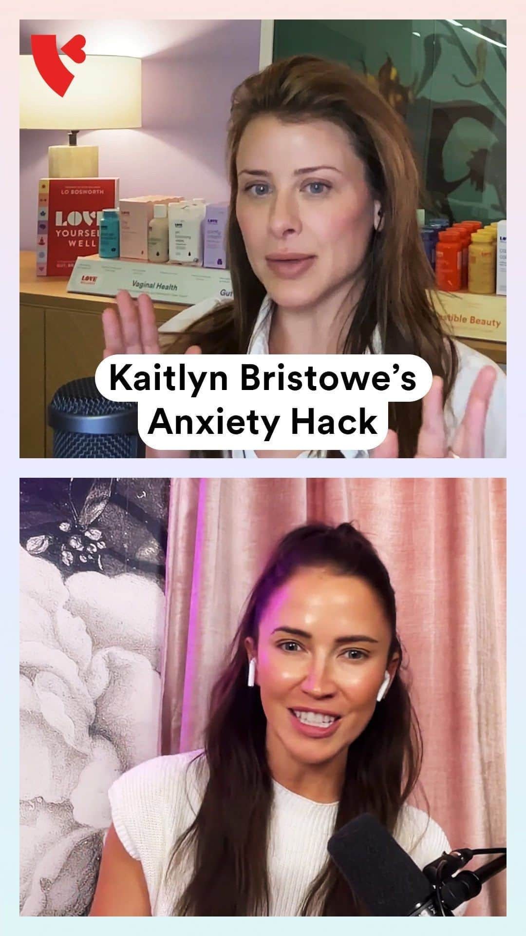 ロー・ボスワースのインスタグラム：「On the new episode of #GutFeelingsWithLo, podcast host and TV personality @kaitlynbristowe shares her tricks for overcoming anxiety and panic attacks 🥶  Head to the link in bio to hear more of your health, head, and heart questions answered ❤️  📩 Don’t forget to send us more of your questions at gutfeelings@lovewellness.com or DM @lobosworth or @lovewellness!」