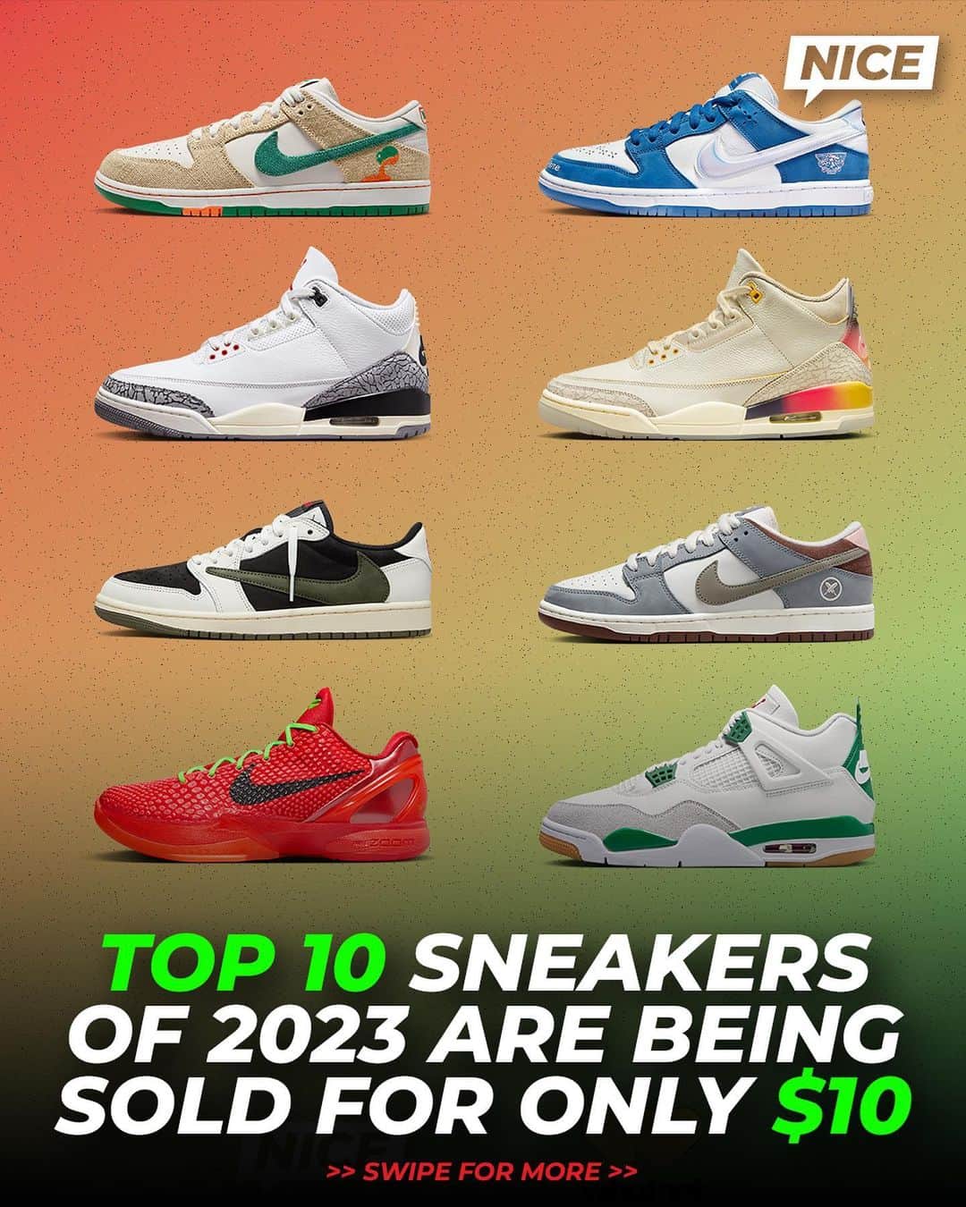 Nice Kicksのインスタグラム：「How many L’s did you take on these kicks? 👀 @whatnot is hosting a ‘Top 10 For $10’ sale on Thursday, December 7 at 1pm ET / 10am PT where they’ll be shock dropping tons of the top sneakers of 2023 for just $10! 💸  Hit the 🔗 in bio to download the Whatnot app before December 7 and maybe you’ll get that pair you missed out on.」