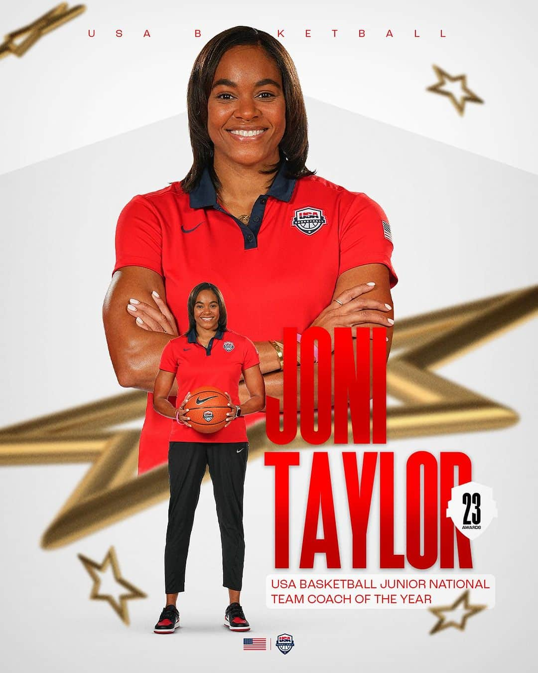 USA Basketballのインスタグラム：「We love her passion to lead.  🇺🇸 #USABWU19 head coach Joni Taylor is the 2023 USA Basketball Jr. National Team Coach of the Year! #USABAwards」