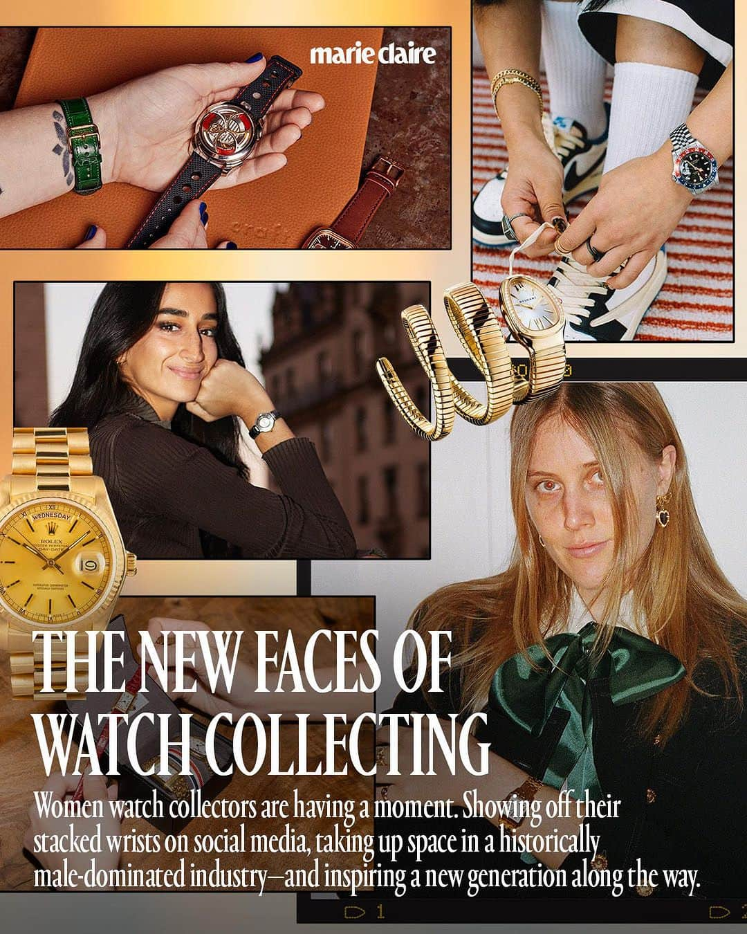 マリクレールのインスタグラム：「Thanks to a new crop of women watch connoisseurs, the historically male-dominated industry is experiencing a shake-up.   Timepieces are fascinating, complex gadgets with a centuries-old history. The watch world has rarely abided by an open-door policy, though—catering largely toward one conventional consumer (see: a man with deep pockets)—leaving women to shop from the “shrink it and pink it” section: dainty-ified male silhouettes offered in “girlish” color palettes.  But times are changing. Now, some of the coolest collectors in the space are women, and they’re gaining increasing visibility and making their passions, preferences, and buying power known. At the link in bio, @emmachilds_ speaks with these industry-disruptors as they show off their wrists, share the grail finds of their dreams, and offer advice for how to get in the game.」