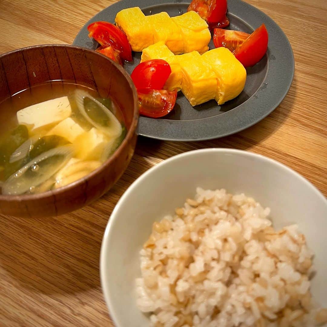 竹井亮介のインスタグラム：「2023年12月6日。 たまごやき トマト お豆腐と長ネギとわかめのお味噌汁  納豆と味付け海苔も付けてました。 #とっつぁん料理」