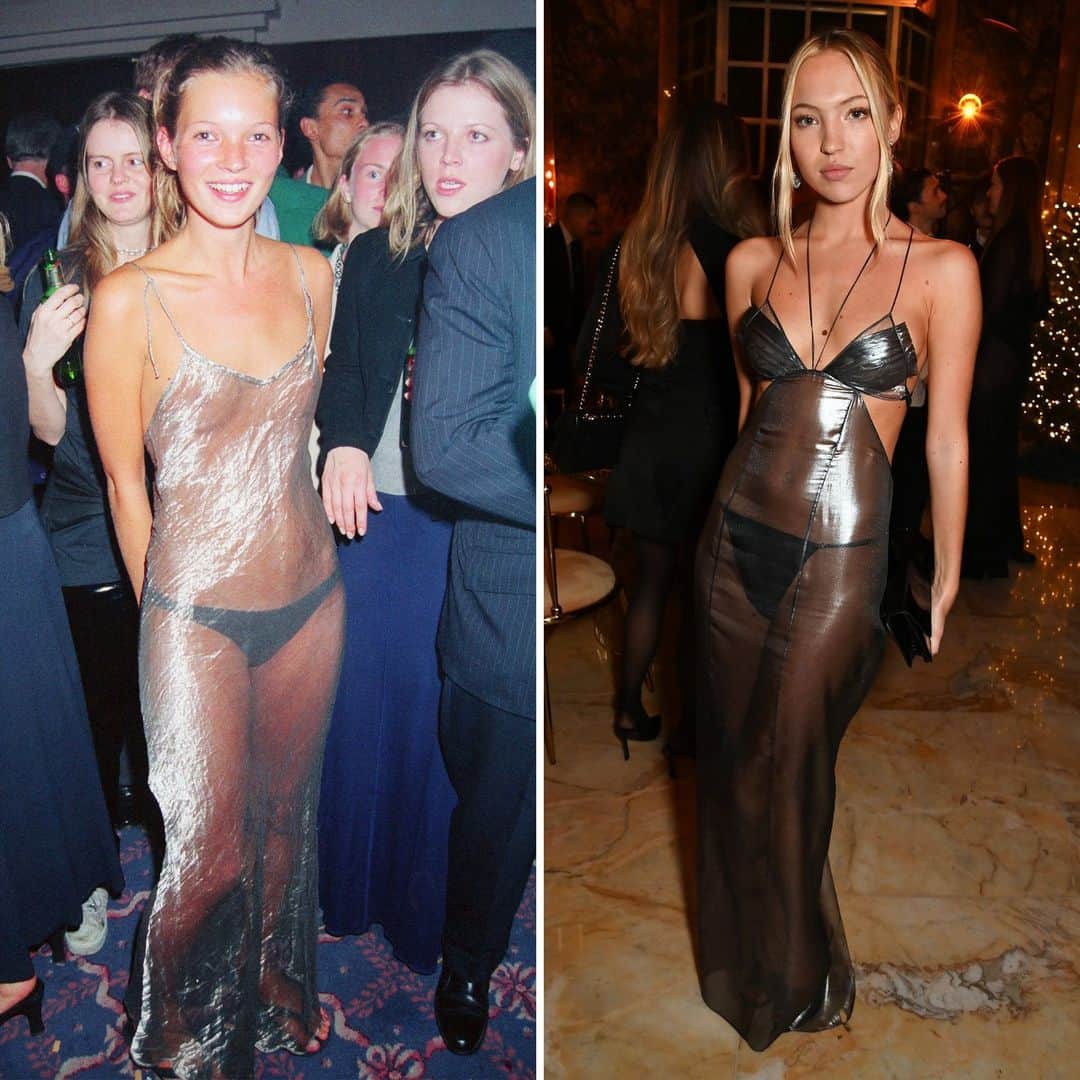 マリクレールのインスタグラム：「When your mom is #KateMoss, imitation isn't just the highest form of flattery; it's a sartorial *must.*  For last night's Fashion Awards in London, #LilaMoss recreated the supermodel's iconic ensemble—known as “the naked dress”—from September 1993. While Kate previously revealed that her dress was not intentionally see-through, Lila fully embraced the sheer trend in a gown by designer @nensidojaka. Link in bio for more. photos: @gettyimages」