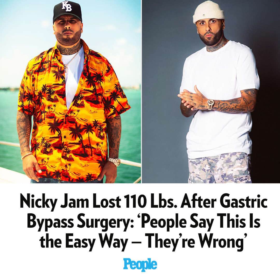 People Magazineのインスタグラム：「Nicky Jam is opening up about his transformational health journey.   After years of struggling with his weight, the singer and reggaeton star decided six months ago to undergo gastric bypass surgery — a bariatric procedure in which the size of the stomach is reduced and then re-connected directly to the small intestine, per Mayo Clinic.   “The reality is I've been fighting with my weight my whole life because this is an industry where you have to be in shape, you have to do movies, you have to do videos,” says Jam, 42, adding that a friend’s successful results from bypass surgery was what ultimately convinced him to do the procedure.  Jam says he has lost 110 pounds following his surgery six months ago, and that number is still climbing.  The "El Perdón” singer is an avid lover of basketball, which helps him stay active. Read more at the link in our bio. | 📷: Daniel Granada」