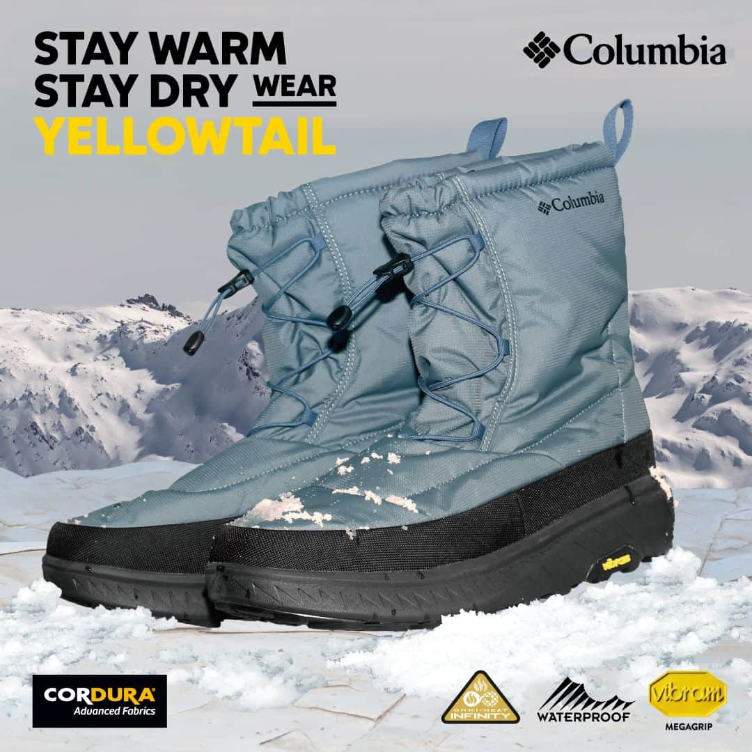 CORDURA®(コーデュラ®)日本版公式アカウントのインスタグラム：「米国オレゴン生まれのアウトドアブランド、「Columbia Sportswear（コロンビアスポーツウェア）」。 オリジナルテクノロジーを搭載した快適なウェアやシューズ、ギアは、機能性・デザイン性に優れ、一人でも多くの方にアウトドアに出掛ける楽しみを提供しています。 その Columbia から新たに降雪エリアに対応し都市でもスタイリッシュなウィンターブーツ"YELLOWTAIL"が登場。 アッパーには、耐久性に優れた CORDURA® Fabric を採用、ライナーは熱反射保温機能 “オムニヒートインフィニティ”を搭載しており、金色のリフレクティブドットによってより効率よく体温を反射して、瞬時に暖かさを提供します。ミッドソールはEVAの厚みを増すことにより、よりクッション性の高いソールに仕上げました。アウトソールにはヴィブラム・メガグリップを採用し、耐久性に優れ、濡れた路面でも強いグリップ力を発揮し、滑りにくさを実現。 バンジーコードでのフィッティング調整可能な幅を拡張したことにより、足首周りのフィット感を高め、歩行の安定性を向上。さらにグローブをはめたままでも調整が可能なアジャスター付きなのも嬉しいポイント。ウォータープルーフ仕様で、雨天や積雪時も安心です。 ・ こちらの素敵なお写真は @columbia_jp さんのお写真です。 ・ CORDURA® （コーデュラ® ）日本版公式アカウントです。CORDURA® は、耐久性に優れた素材として50年以上の実績のあるインビスタ社のファブリックブランドです。 ・ このアカウントでは、みなさんのCORDURA® を使用したプロダクトの自慢の1枚をご紹介しております。当アカウントをフォロー後、「#コーデュラジャパン」のハッシュタグをつけて投稿していただくとリポストさせていただくこともあります。みなさんの素敵な投稿をお待ちしております。 ・ #コーデュラ #cordura #コーデュラナイロン #코듀라 #タフ #耐久性 #素材 #コロンビアスポーツウェア #columbia #columbiasportswear #スタイリッシュ #ウィンターブーツ #YELLOWTAIL」