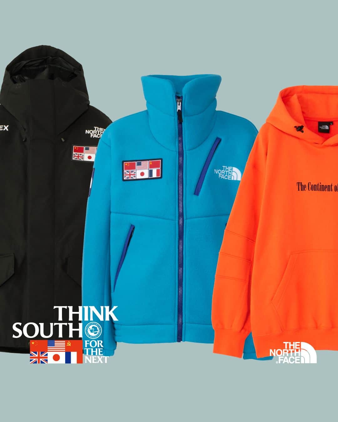 THE NORTH FACE JAPANのインスタグラム：「THINK SOUTH FOR THE NEXT 2023 [Products]  1989年、6カ国6名の冒険家が挑戦した世界初の南極犬ぞり横断。彼らが当時着用したウェアとフィロソフィーをベースに、現在の技術と素材でよりサスティナブルにアップデートされたプロダクトラインナップをご紹介します。  (2,3) Trans Antarctica Fleece Jacket [NA72235] Price: ¥36,300(tax-in) Color: J2, RO  (4,5) Trans Antarctica Parka [NP62238] Price: ¥79,200(tax-in) Color: K, J2  (6,7) Trans Antarctica Hoodie [NT62332] Price: ¥17,050(tax-in) Color: RO, K  プロダクトについては、以下サイトとプロフィール欄ハイライトからご確認いただけます。 https://www.goldwin.co.jp/tnf/whatsnew/detail/?pi3=23411&pi=23410  THINK SOUTH FOR THE NEXT Website: https://www.think-south.com/  #ザノースフェイス #thenorthface #neverstopexploring #thinksouth #thinksouthforthenext2023 #transantarcticaexpedition」
