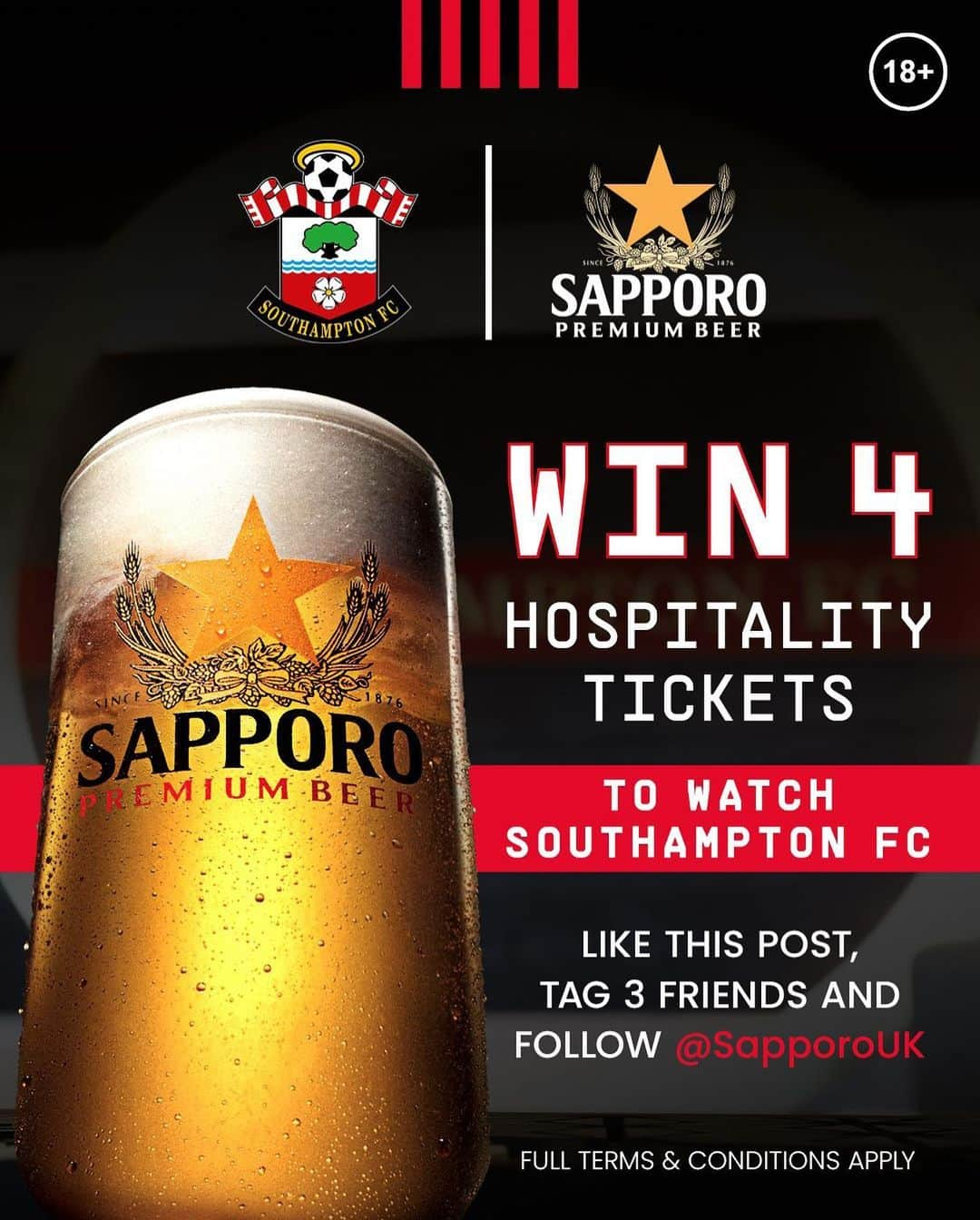 サウサンプトンFCのインスタグラム：「🎉 Win four hospitality tickets to watch @southamptonfc! 🎉   Get ready to experience the thrill of the game in style! Sapporo is teaming up with Southampton FC to give you and three friends an unforgettable hospitality experience.   To enter:   * Like this post *Tag three friends *Follow @SapporoUK  Hurry, the chance to win big ends soon! Check out the terms and conditions here: https://bit.ly/SapporoxSFC   Good luck! 🍀⚽️🎟️ #SapporoXSouthamptonFC」