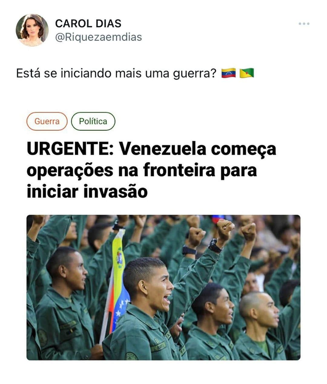 Carol Diasさんのインスタグラム写真 - (Carol DiasInstagram)「Você acredita que teremos mais uma guerra? 😱  Venezuela está certa em invadir a Guiana?   Comente aqui sua opinião 👇🏼」12月6日 20時55分 - caroldias