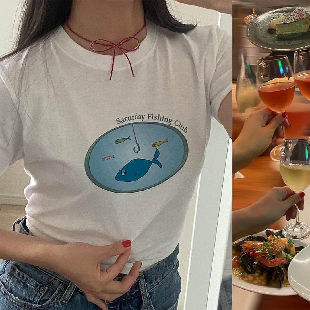 AKIKOのインスタグラム：「«The time I was late for dinner because I was running around town designing and printing a t-shirt to wear to go fishing the next day»  ヽ(° ͜>°)ﾉ*҉  1. T-shirt in question  2. Dinner in question. At my fav spot ♡⸜(ˆᗜˆ˵ )⸝♡ 3. Fishing! & kirakira water 4. Speaking of water… my time at waterbomb festival this summer 5. Taemin Sunmi and Cha Hyun Seung!!! 🥹 6. Jay Park!  次の日釣り行く時に専用のTシャツあったらかわいいと思って絵描いて印刷してたらディナーに遅れちゃったᐡ ̫ ᐡ」