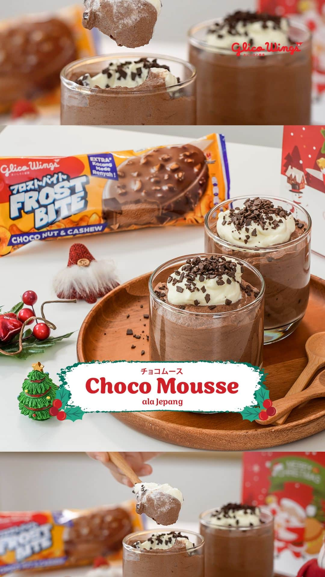 Glico Wingsのインスタグラム：「CUKUP 4 BAHAN! Resep Choco Mousse ala Jepang Lembut TANPA GELATIN untuk Hari Natal! #Frostbite #GlicoWings  #ResepAlaJepang #EsKrimJepang」