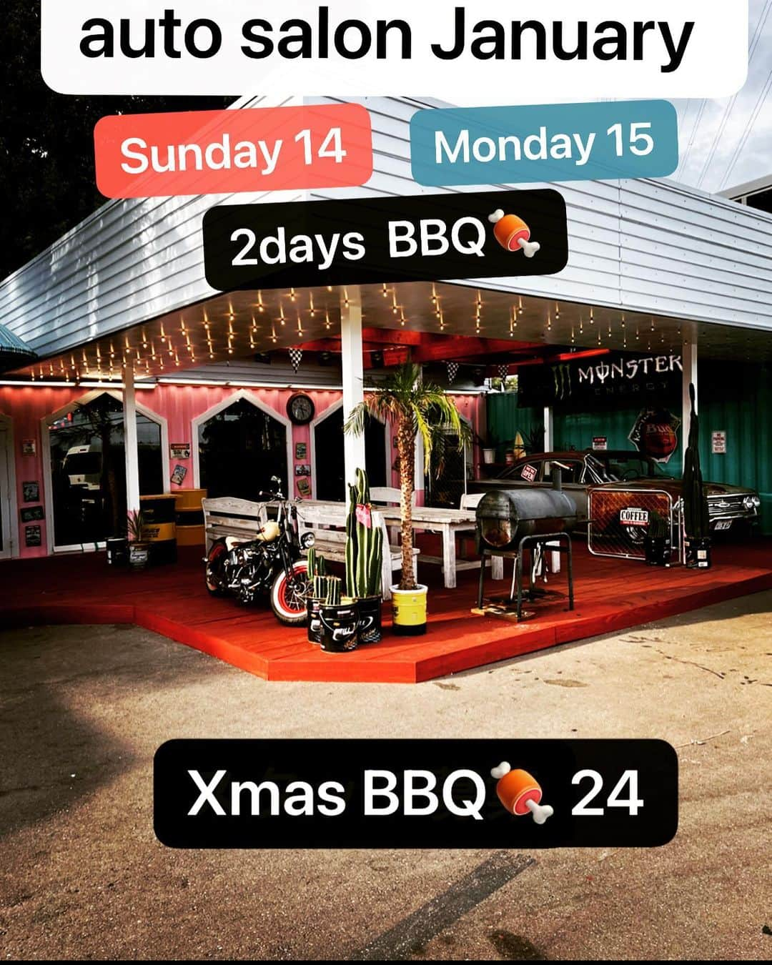 斎藤太吾さんのインスタグラム写真 - (斎藤太吾Instagram)「Xmas BBQ🍖 12月24日　日曜日　 12:00〜20:00  auto salon BBQ🍖 1月14日、15日　 12:00〜20:00  参加費3000円 BBQ、ソフトドリンク付き。  事前申し込み不用 誰でも気軽に突然来てもらえればok  ロードスター（miata ）の同乗走行も有り❣️  場所　埼玉県狭山市南入曽1151-6  @fatfiveland」12月6日 20時07分 - daigosaito87