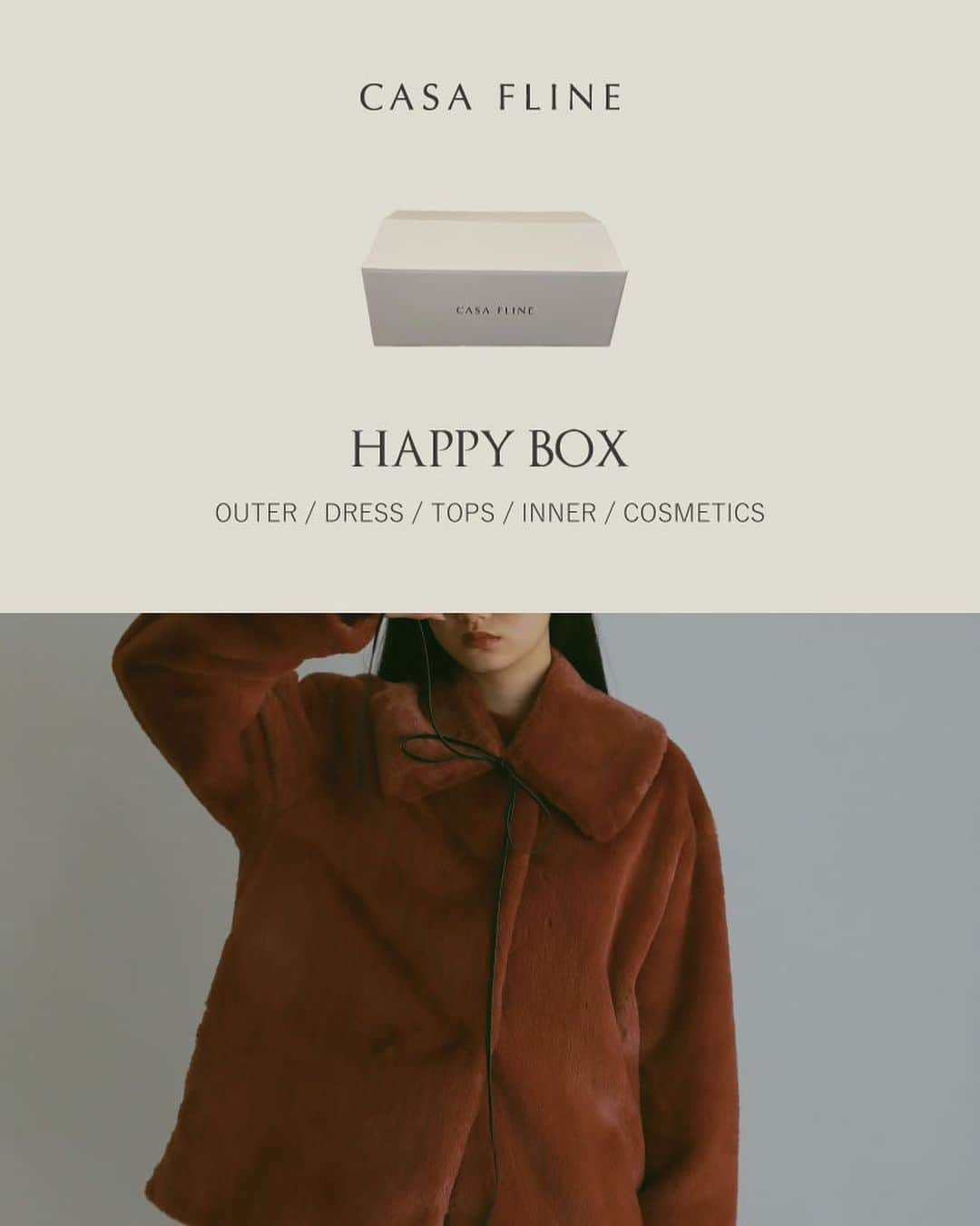 CASA FLINEさんのインスタグラム写真 - (CASA FLINEInstagram)「CASA FLINE  HAPPY BOX  総額10万円～12万円相当が入ったHAPPY BOXです。 必ず選べるコートが1点入っています。  内容はコート、ドレス、トップス、インナー、コスメの5アイテム。  プレオーダーの期間は12/6(水)20：00‐12/14(木)23：59です。 是非チェックしてくださいね🌿   —————————————————————————  #casafline #sustainable #ethical」12月6日 20時28分 - casa_fline