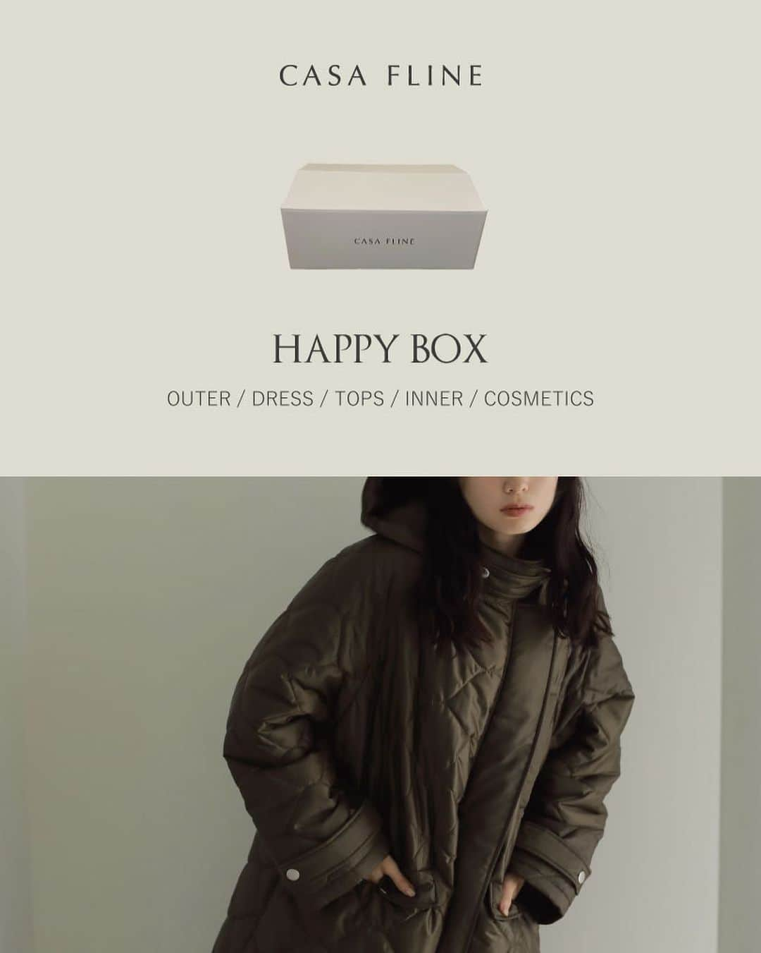 CASA FLINEさんのインスタグラム写真 - (CASA FLINEInstagram)「CASA FLINE  HAPPY BOX  総額10万円～12万円相当が入ったHAPPY BOXです。 必ず選べるコートが1点入っています。  内容はコート、ドレス、トップス、インナー、コスメの5アイテム。  プレオーダーの期間は12/6(水)20：00‐12/14(木)23：59です。 是非チェックしてくださいね🌿   —————————————————————————  #casafline #sustainable #ethical」12月6日 20時28分 - casa_fline