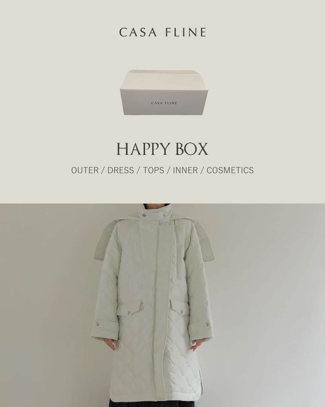 CASA FLINEさんのインスタグラム写真 - (CASA FLINEInstagram)「CASA FLINE  HAPPY BOX  総額10万円～12万円相当が入ったHAPPY BOXです。 必ず選べるコートが1点入っています。  内容はコート、ドレス、トップス、インナー、コスメの5アイテム。  プレオーダーの期間は12/6(水)20：00‐12/14(木)23：59です。 是非チェックしてくださいね🌿   —————————————————————————  #casafline #sustainable #ethical」12月6日 20時28分 - casa_fline