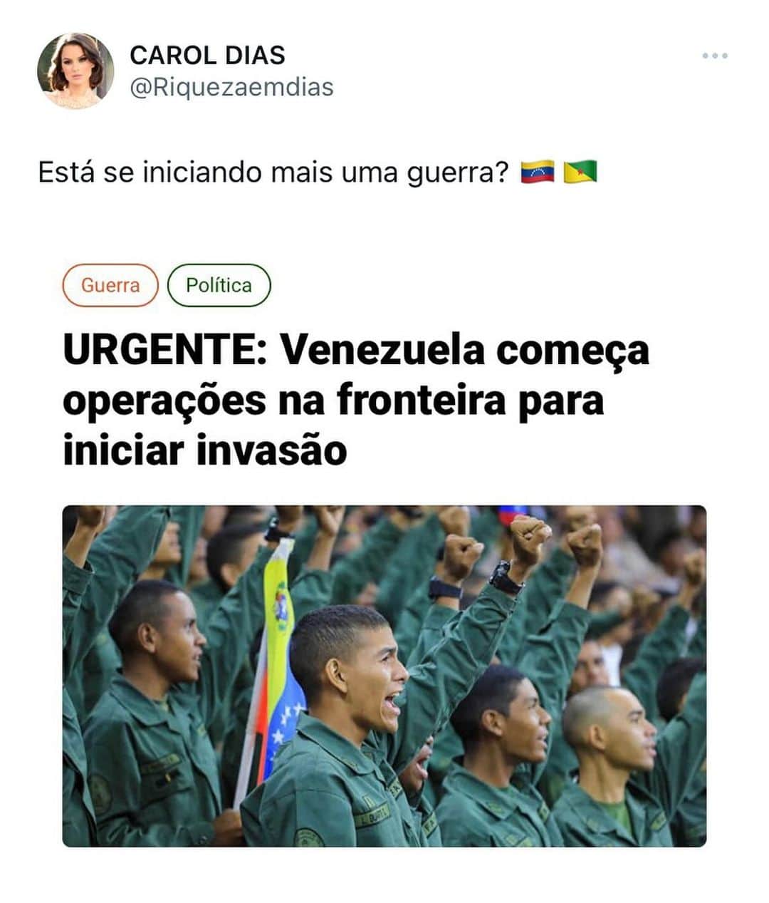 Carol Diasのインスタグラム：「Você acredita que teremos mais uma guerra? 😱  Venezuela está certa em invadir a Guiana?   Comente aqui sua opinião 👇🏼」