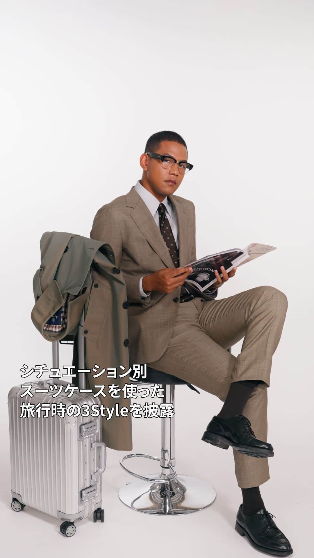 GQ JAPANのインスタグラム：「リモワのスーツケースを使った旅行のシチュエーション別 3Styleを披露  CARRY CASE：RIMOWA @rimowa   ・STYLE 1 STREET BLOUSON：TOMMY HILFIGER @tommyhilfiger DENIM PANTS：DIESEL @diesel KICKS：DIESEL @diesel BAG：TOMMY JEANS @tommyjeans OTHER ITEM STYLIST OWN   ・STYLE 2 BUSINESS TRENCH COAT：Aquascutum @aquascutum_japan SUITS：Paul Smith @paulsmithjapan SHIRTS：Paul Smith @paulsmithjapan GLASSES：Ray-Ban @rayban @luxottica OTHER ITEM STYLIST OWN   ・STYLE 3 CLASSIC CASUAL PUFFER VEST：A BATHING APE® @bape_japan KNIT：BANANA REPUBLIC @bananarepublic @bananarepublic_jp SHIRTS：BANANA REPUBLIC @bananarepublic @bananarepublic_jp PANTS：Cellar Door @cellardoor_official SHOES：Timberland @timberland_jpn CAP：’47 @47 GLASSES：Buddy Optical @buddyoptical_official BACKPACK：Gramicci by F/CE.  @gramicci_jp @fce_tools  MODEL：ATOM @_.atom  STAFF DIRECTOR : Shinnosuke Shibata @shinorthk  DOP : Osamu Tamba @osamusimons STYLIST: codan @stycodan HAIR&MAKE-UP : @tomoechika  PRODUCER : Kazunari Daio @kazunari.daio / Naoki Ono @naoki_ono GQ JAPAN FASHION EDITOR : Kentaro Takasugi @takasugi_gqjapan」