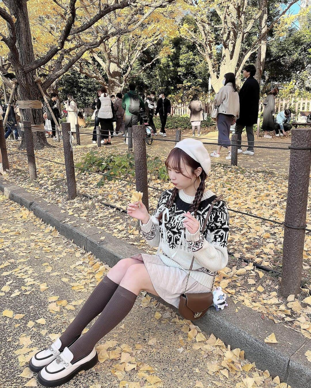 夏井さらさんのインスタグラム写真 - (夏井さらInstagram)「いちょうコーデ🍂🪿  やっぱりブラウン系でまとめると秋間強くてかわいいね~＾＾♡  knit: @maybins_japan  skirt: @grl_official  socks: @gu_for_all_  bag: @grl_official   . . . #フレンチガーリー #フレンチガーリーコーデ #ブラウンコーデ #グレイル #grl購入品 #いちょう並木 #神宮外苑いちょう並木」12月6日 21時15分 - sara_natsui