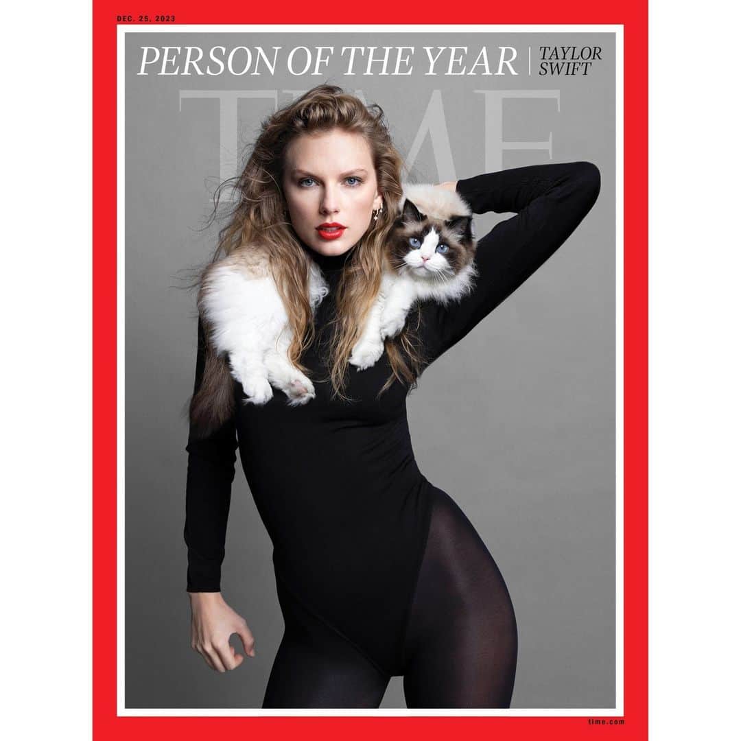 TIME Magazineのインスタグラム：「Read Taylor Swift's full Person of the Year interview at the link in bio. (Featuring Benjamin Button, the cat).  Photographs by Inez and Vinoodh (@inezandvinoodh) for TIME Styled by Heidi Bivens (@heidibivens @honeyartists ) Hair by Holli Smith (@hollismithhead) Make-up by Diane Kendal (@diane.kendal) Nails by Maki Sakamoto (@makinaill) Produced by VLM Productions (@vlm.productions )」