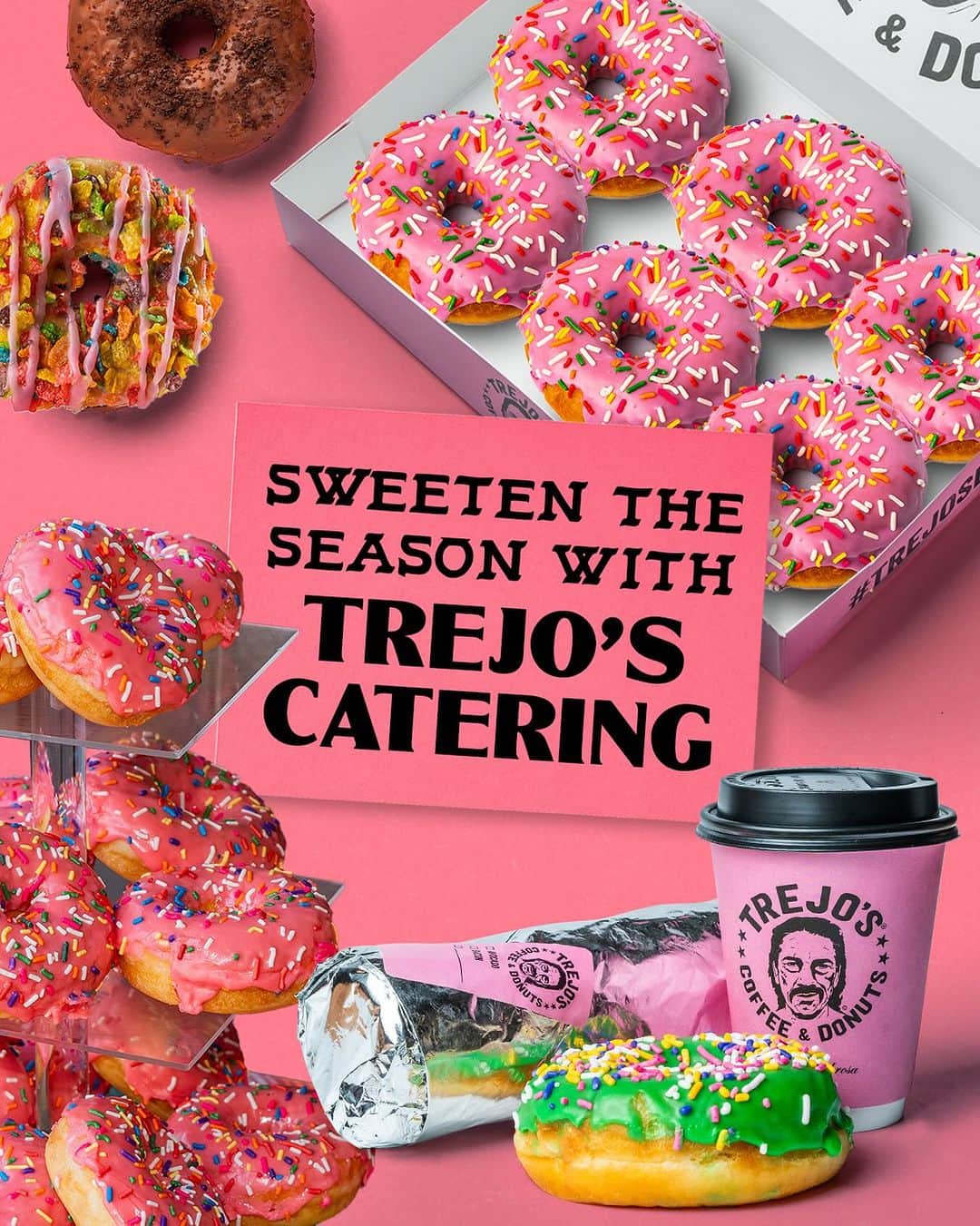 ダニー・トレホのインスタグラム：「Elevate your holiday celebration with Trejo's Donuts catering 🍩✨ Let us sprinkle some magic on your special moments with our donuts, breakfast burritos, and coffee!   We have something for everyone whether you like sweet or savory!  BOOK TODAY: 📤 catering@trejostacos.com 📞 323 205 5144  📍6785 Santa Monica Blvd, Los Angeles  #trejostacos #trejosdonuts #trejoscantina #trejoscerveza #trejosdonutsandcoffee #coffeeshop #losangeles #donuts #dannytrejo #breakfast #bakers #donutsandcoffee #catering #events #eventplanner」