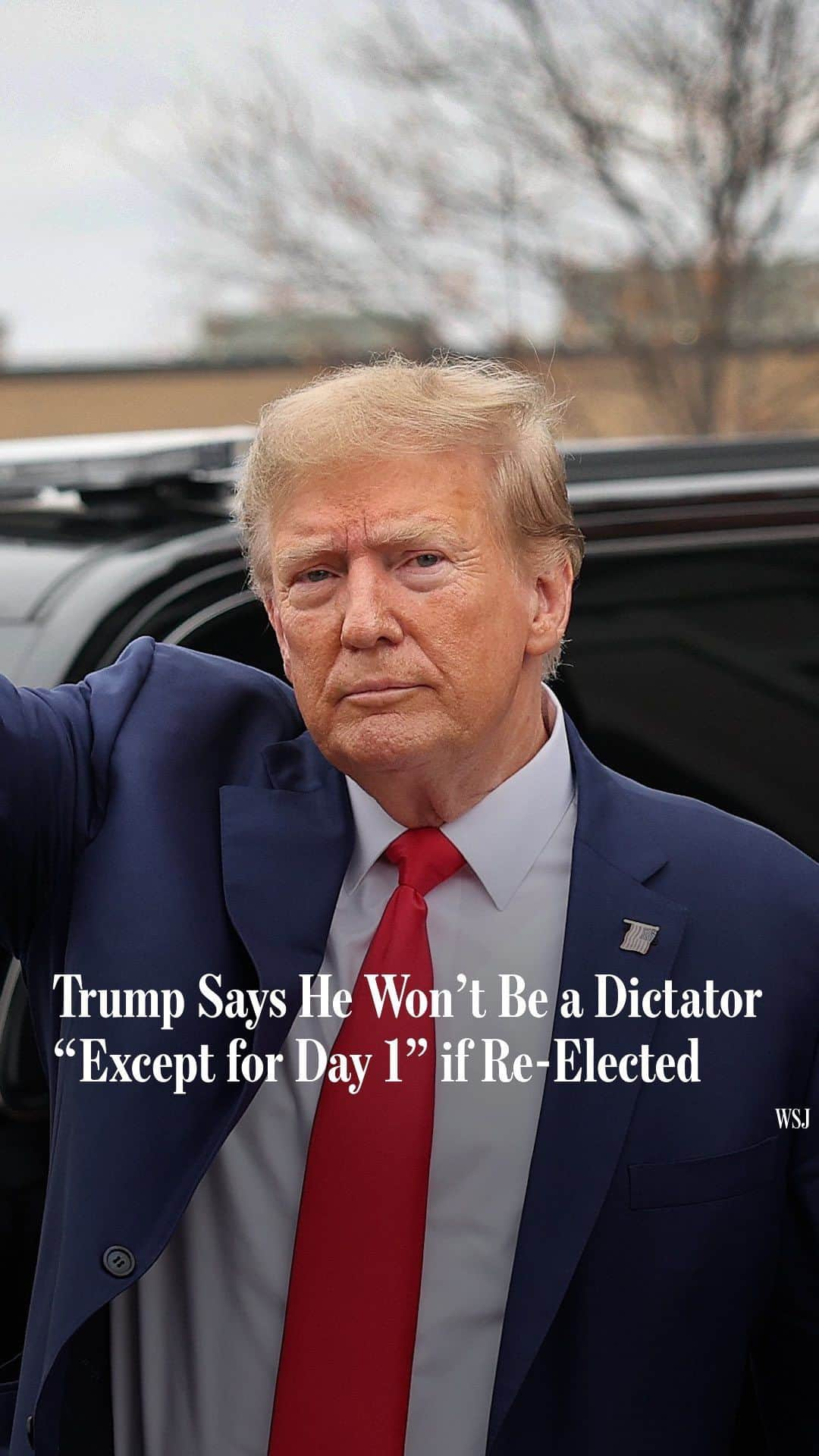 Wall Street Journalのインスタグラム：「Donald Trump said he won't be a dictator "except for day one" if re-elected president.⁠ ⁠ Speaking at a town hall with Fox News host Sean Hannity, Trump said he would use his powers to close the southern border with Mexico and increase oil drilling.⁠ ⁠ Photo: Scott Olson/Getty Images」