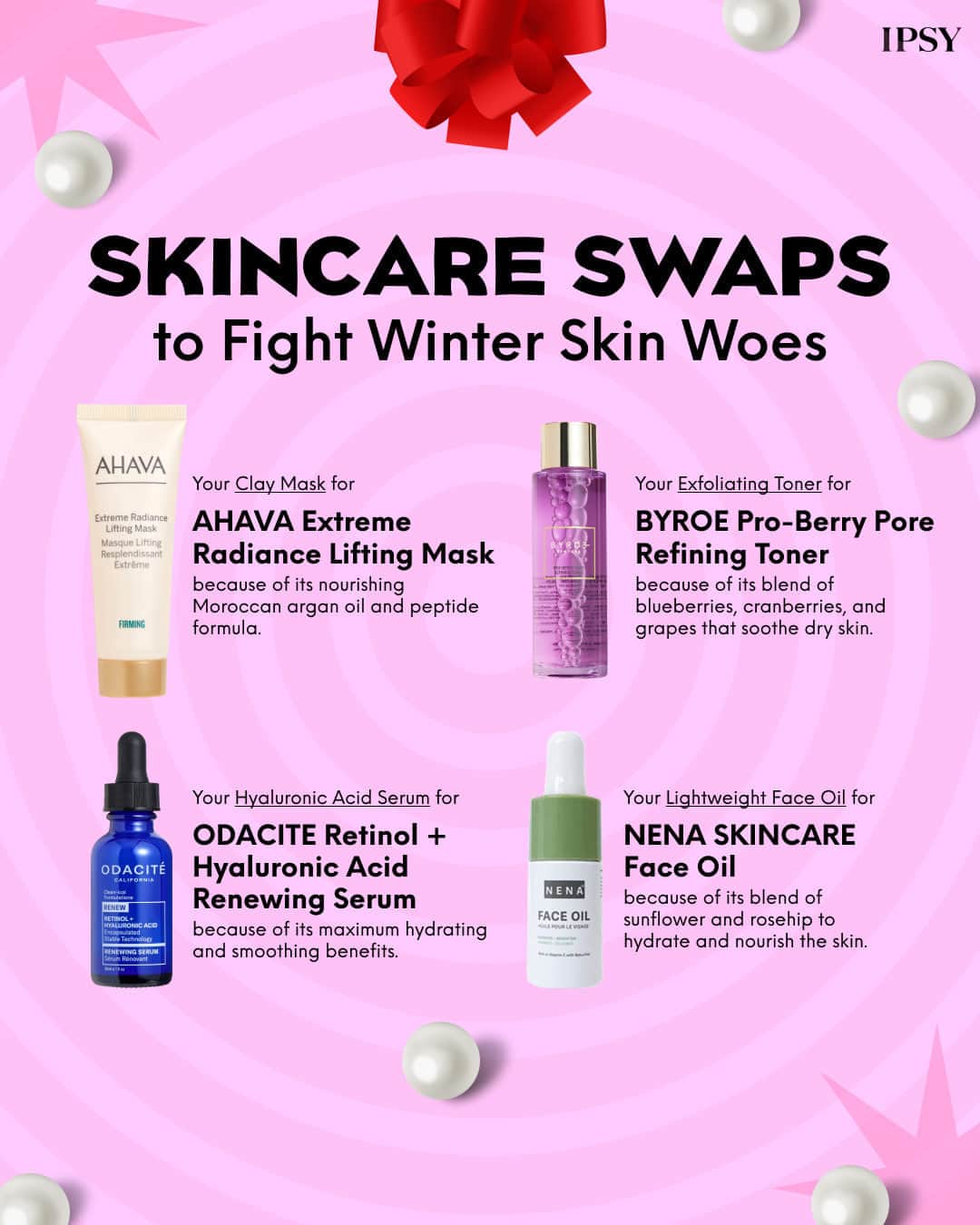 ipsyのインスタグラム：「Baby, it's COLD outside! ❄️ So swap out your current skincare products for something a little more comfy from this month's Glam Bag and BoxyCharm. #IPSY   Glam Bag Products: @ahava Extreme Radiance Lifting Mask @nenaglacial Face Oil  BoxyCharm Products: @byroe_official Pro-Berry Pore Refining Toner @odacite Retinol + Hyaluronic Acid Renewing Serum」