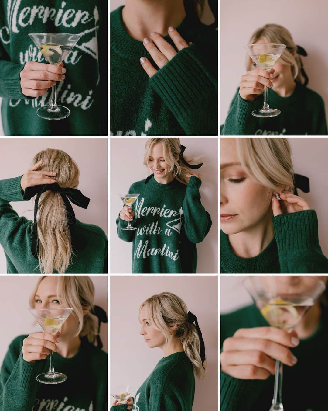 キャンディス・アッコラのインスタグラム：「Bows up! Martini grip ready 👏 bring on the holiday parties 🫒 (jumper by my gals @showmeyourmumu )」