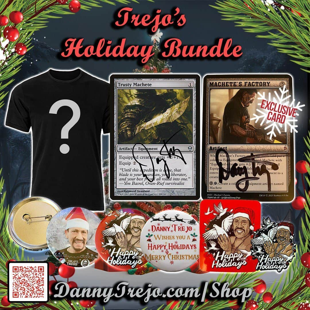 ダニー・トレホのインスタグラム：「Get my Trejo’s Holiday Bundle in time for the Holidays! Don’t miss out on this steal of deal, over 50% in savings! Includes an Exclusive signed Machete’s Factory card and Trusty Machete card, along holiday button pins, enamel pin, and sticker. Shop now at my *Link in Bio*  *Order before Dec 16th to ensure shipping time for Christmas  #happyholidays #merrychristmas #sale #discount #dannytrejo #machete #exclusive」