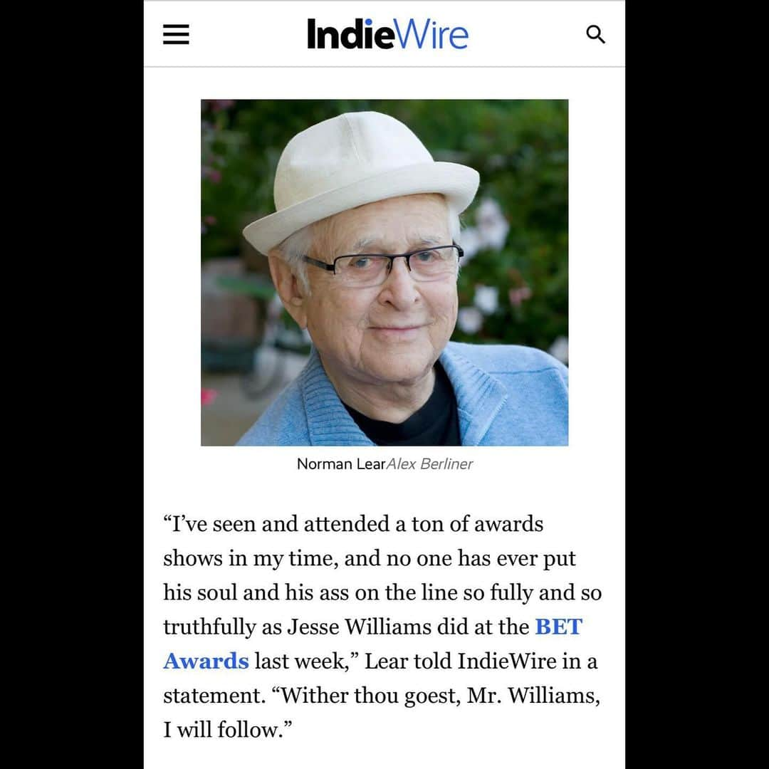 ジェシー・ウィリアムズさんのインスタグラム写真 - (ジェシー・ウィリアムズInstagram)「Norman Lear, a gentle man of action who carved trails in culture and consciousness early and often. A soul i came to know, debate and learn from at a turning point in both our lives.  Forever grateful for his personal and professional generosity uphill; his use of privilege; his observant leadership in a society molded by the arts. 🕊️ Thank you for the leaps forward.」12月7日 2時02分 - ijessewilliams