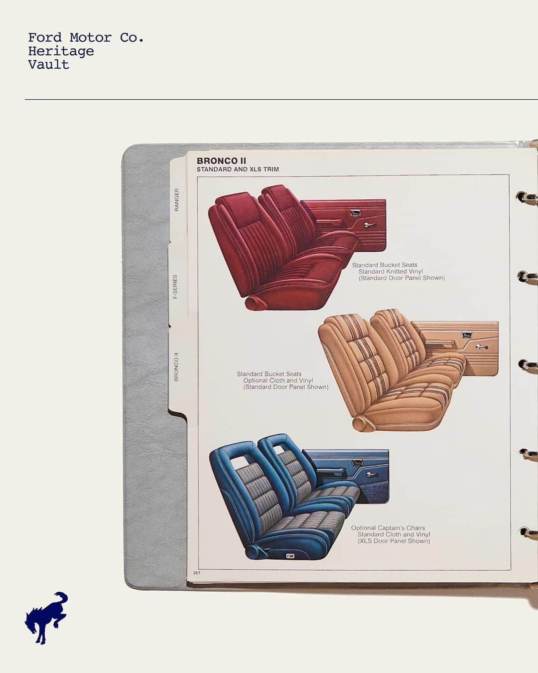 Fordのインスタグラム：「“From the very first mention of the Ford Bronco® in the Long-Range Truck Planning memo of 1962, the Bronco has been a cousin to the Truck Division. This fabric/interior guide from 1984 shows the evolving color palette from the more austere offerings when the Bronco was launched into the vibrant 80s.” —Ted Ryan, Ford Archives & Heritage Brand Manager  Use the link in bio to see more of the Ford Heritage Vault.  Disclaimer: Archival footage shown. Claims based on historical data.」