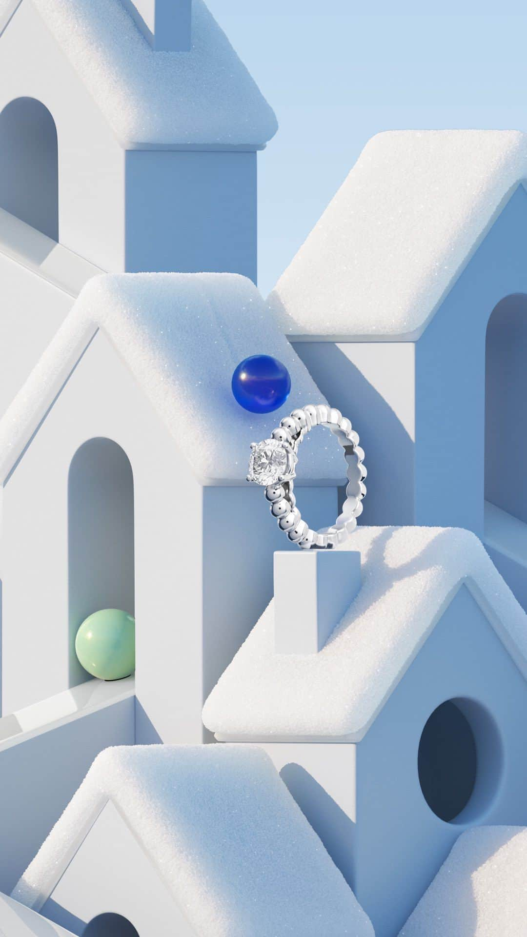 ヴァンクリーフ&アーペルのインスタグラム：「An ode to the delicate shimmer of winter! With moving shapes and joyful hues, @arthurhoffner showcases the Perlée collection and its bright diamonds in a hypnotic decor. Let yourself be enchanted by these dazzling creations.   #VCAPerlee #DiamondBreeze #VanCleefArpels」