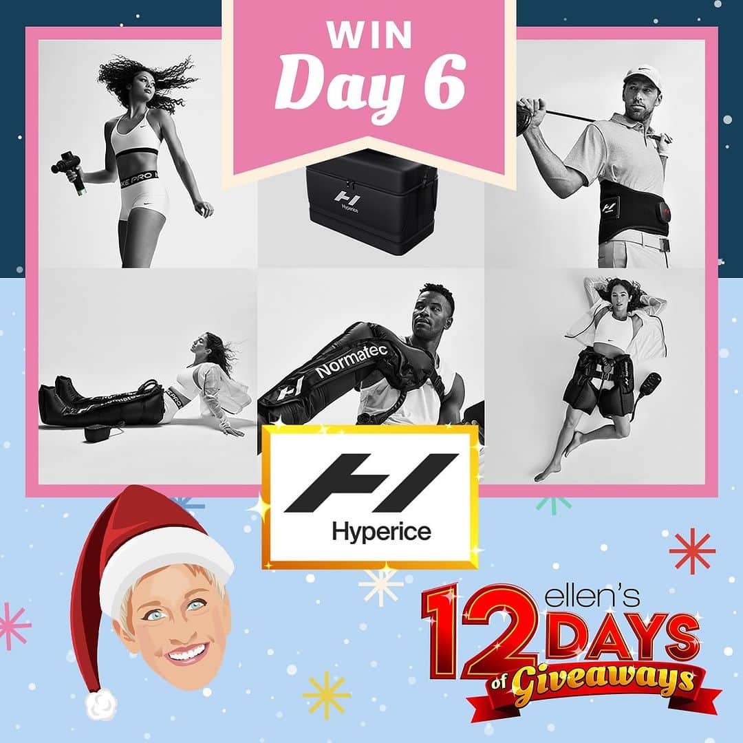 エレン・デジェネレスのインスタグラム：「It’s Day 6 of the 12 days of Giveaways and today’s giveaway is from an awesome company called Hyperice. They design products to help your body recover – from ball-throwing, weight-lifting, baby-holding, sauce-stirring, and everything else you ask of it each day. Yesterday, I almost threw my back out, plucking some lint from my shoulder.  The only way to enter the #giveaway is through my newsletter, so make sure to check your inbox for the link to enter. Or sign up to start receiving my newsletter through the link in my bio or at ellenshop.com/12Days. Good luck! #Ellens12Days」