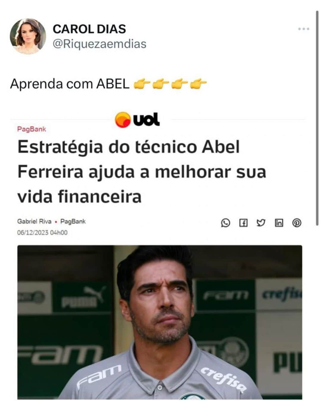 Carol Diasのインスタグラム：「Abel Ferreira seria um bom técnico para seleção do Brasil 🇧🇷?」