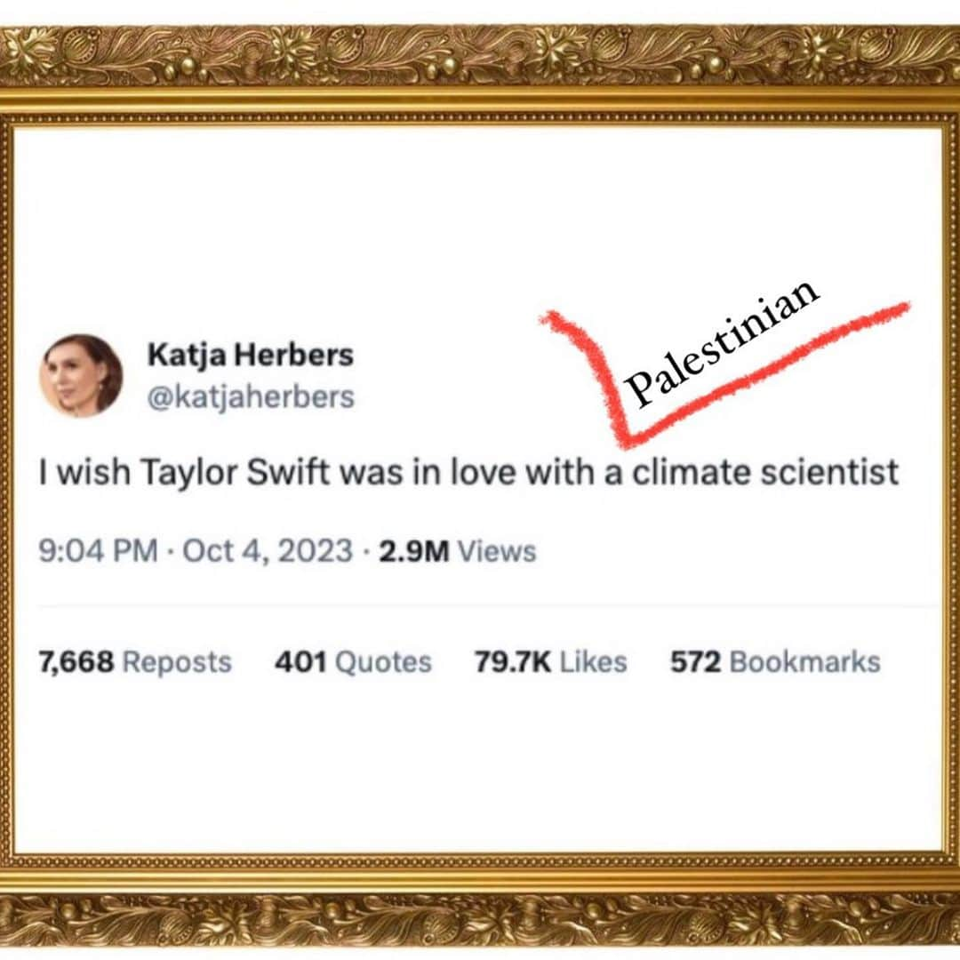 カリス・ファン・ハウテンのインスタグラム：「Inspired by @katjaherbers brilliant tweet #taylorswift #ceasefirenow #climatecrisis」