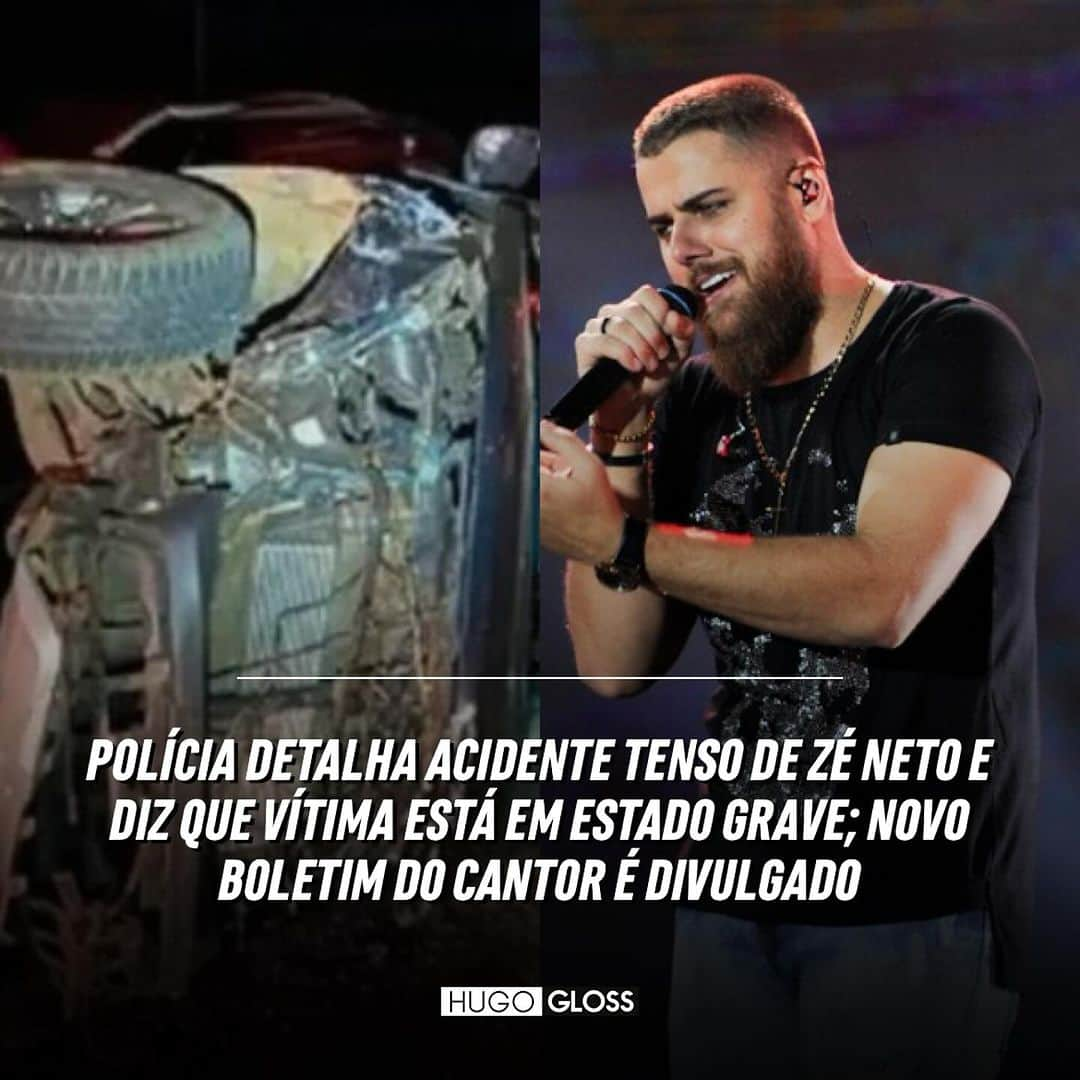 Hugo Glossのインスタグラム：「Nesta quarta-feira (6), a Polícia Rodoviária Federal detalhou o tenso acidente de carro de Zé Neto, dupla com Cristiano, em Fronteira, Minas Gerais. Segundo as autoridades, a colisão envolveu três veículos e uma carreta. A polícia relatou como o acidente teve início, e o estado de saúde das cinco vítimas. Uma mulher está em estado grave. Já o Hospital de Base de São José do Rio Preto, em São Paulo, divulgou um novo boletim médico, sobre o estado de saúde e a recuperação do sertanejo. Que todos os envolvidos saiam dessa o mais rápido possível! 🙏🏾  ➡️ Leia a íntegra, clicando no link da bio ou no destaque “NEWS”. (📸: Nélio Rodrigues / TV Globo / Reprodução / X)」