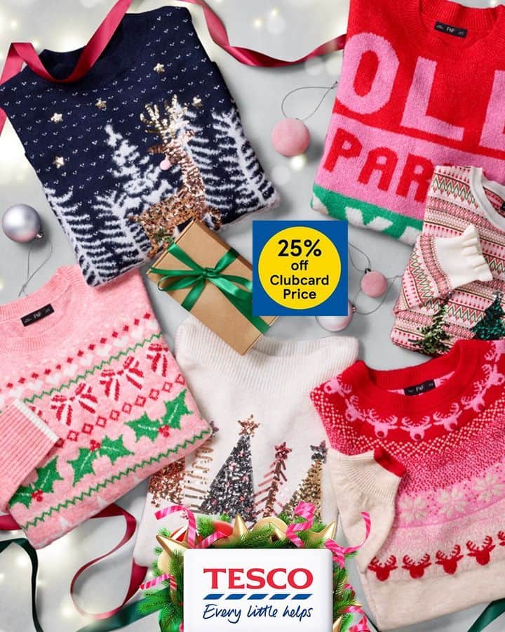 Tesco Food Officialのインスタグラム：「It's #ChristmasJumperDay tomorrow, so don’t miss 25% off F&F Christmas jumpers now on Clubcard prices. It's just one of the ways we're helping you #BecomeMoreChristmas ☃️🎄  But hurry... offer ends 7 December.  T&Cs: 25% off Christmas jumpers ends 07/12. Available in the majority of larger stores, excludes Express, online and Whoosh. Clubcard/app required. Some exclusions may apply.」