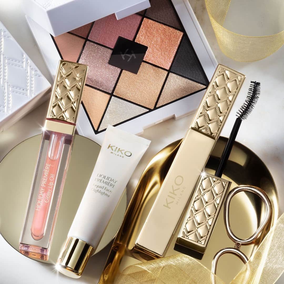 KIKO MILANOのインスタグラム：「Get a picture perfect look with a full #KIKOHolidayPremiere glam! Which of these products already took center stage in your beauty routine? 📸🤩 ⁣ ⁣ Dreamy Eyeshadow Palette - Volume & Curl Mascara - Glossy Lip Oil 01 - Liquid Face Highlighter 01」