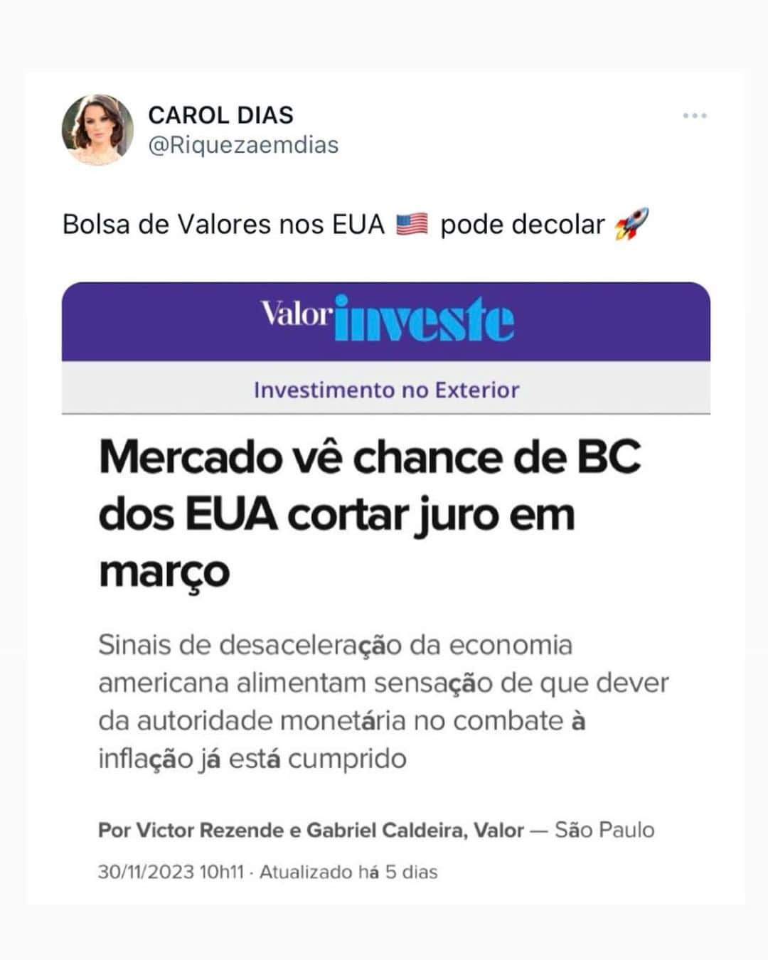 Carol Diasさんのインスタグラム写真 - (Carol DiasInstagram)「QUEM CHEGA ANTES BEBE ÁGUA 💧 LIMPA!  . As oportunidades estão na mesa  . ✍️ Comente EU QUERO que te mando o passo a passo para investir nos EUA sem taxa de abertura e manutenção + CORRETAGENS ZERO  . Fonte: Valor econômico」12月7日 5時50分 - caroldias