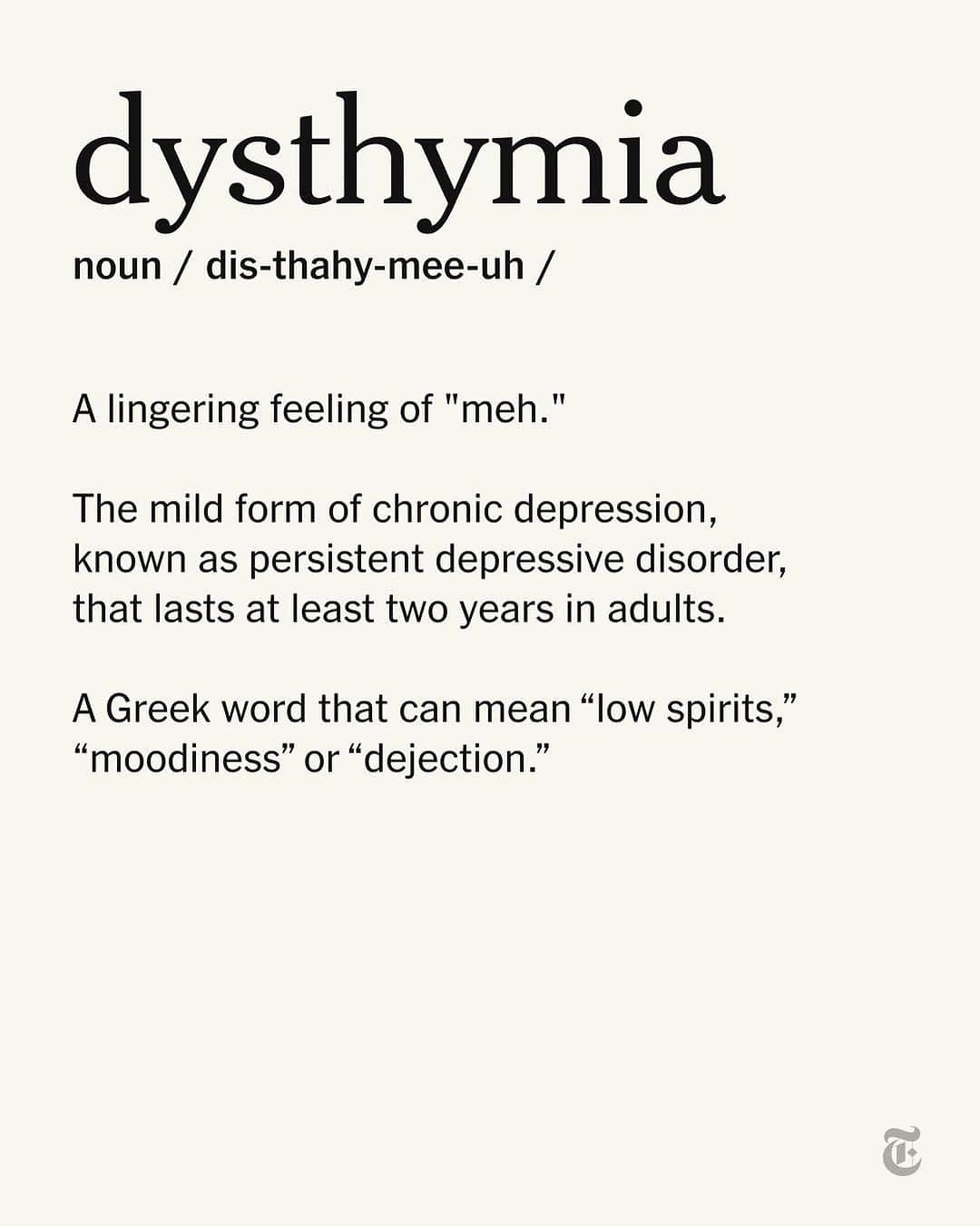 ニューヨーク・タイムズのインスタグラム：「That lingering "meh" feeling has a name.  Persistent depressive disorder, a chronic depression that lasts for at least two years, is underdiagnosed — and many who suffer from it have never heard of it.   “You’re just sort of ‘meh,’” said Marnie Shanbhag, the senior director of independent practice at the American Psychological Association. “And you get used to being that way.”  It is not well understood why some cases of depression persist. So how is it diagnosed? Read more on what experts know about the condition at the link in bio.」